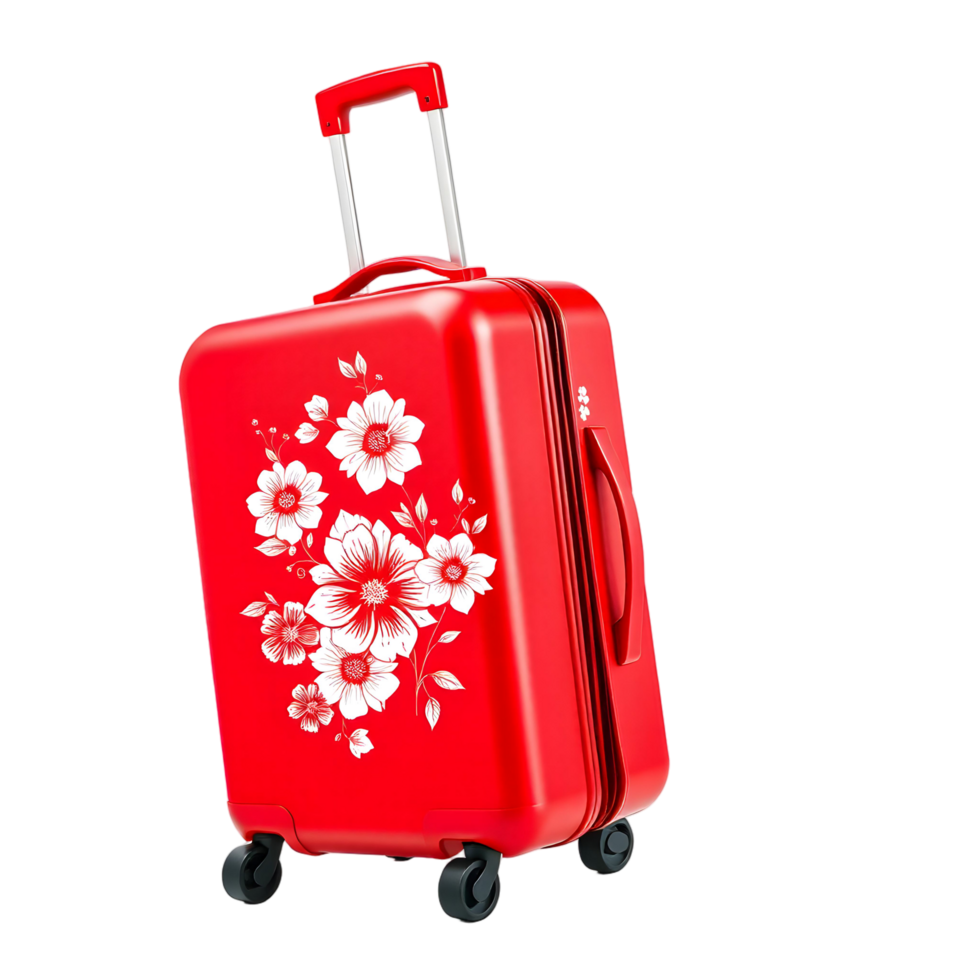 A red suitcase with white flowers on it png