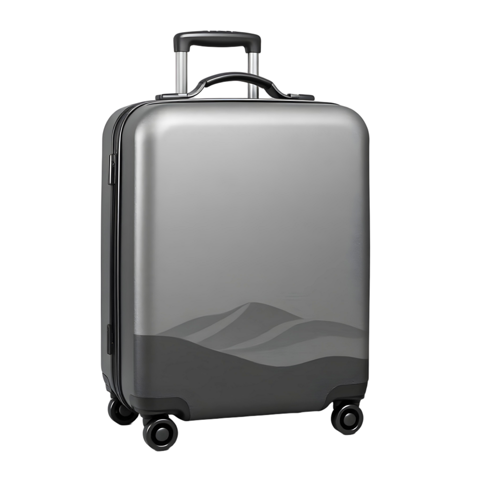 A suitcase with wheels and a mountain design png