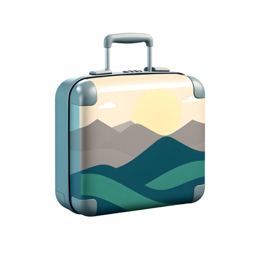 A suitcase with mountains and sun on it png