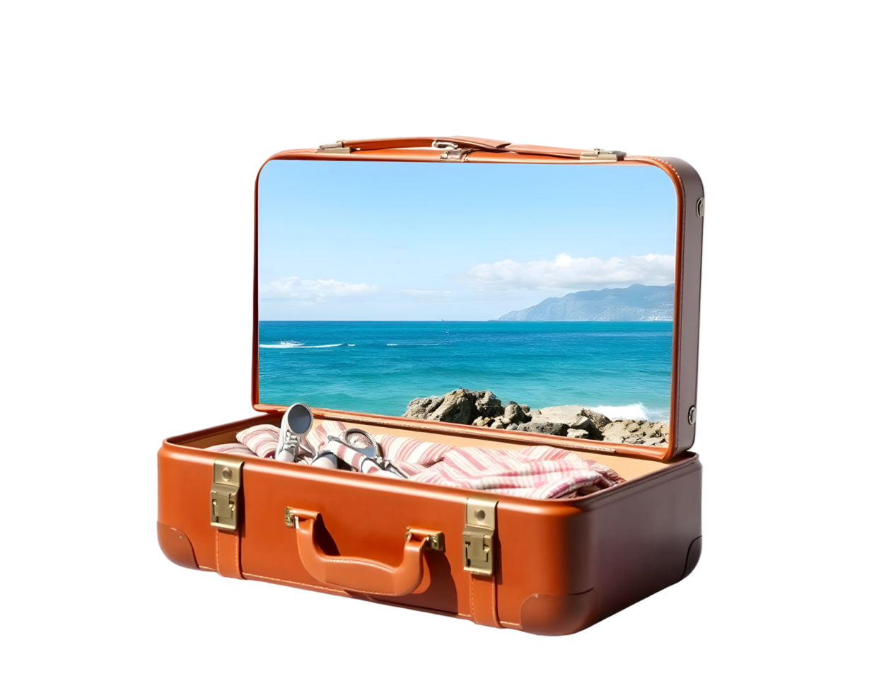 An open suitcase with a beach and ocean in the background png