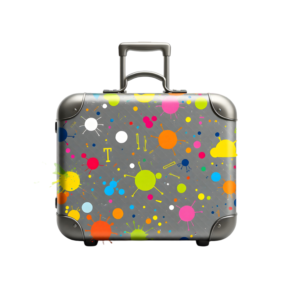 A suitcase with colorful paint splatters on it png