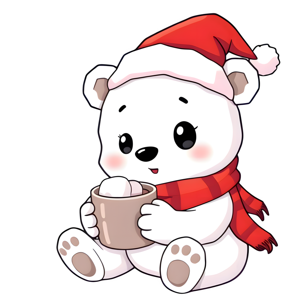 Cartoon Polar Bear In Santa Hat Drinking Marshmallow Chocolate png