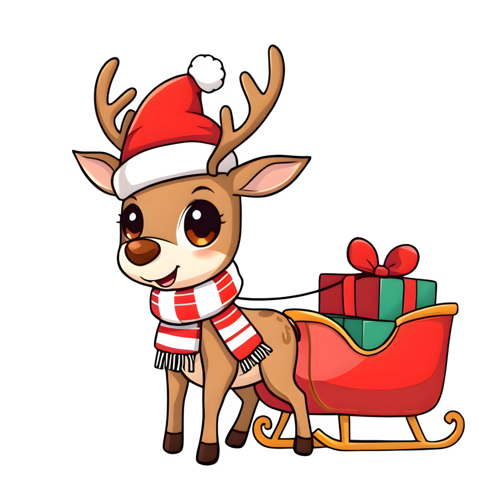 Cartoon Reindeer In Santa Hat With A Sleigh png