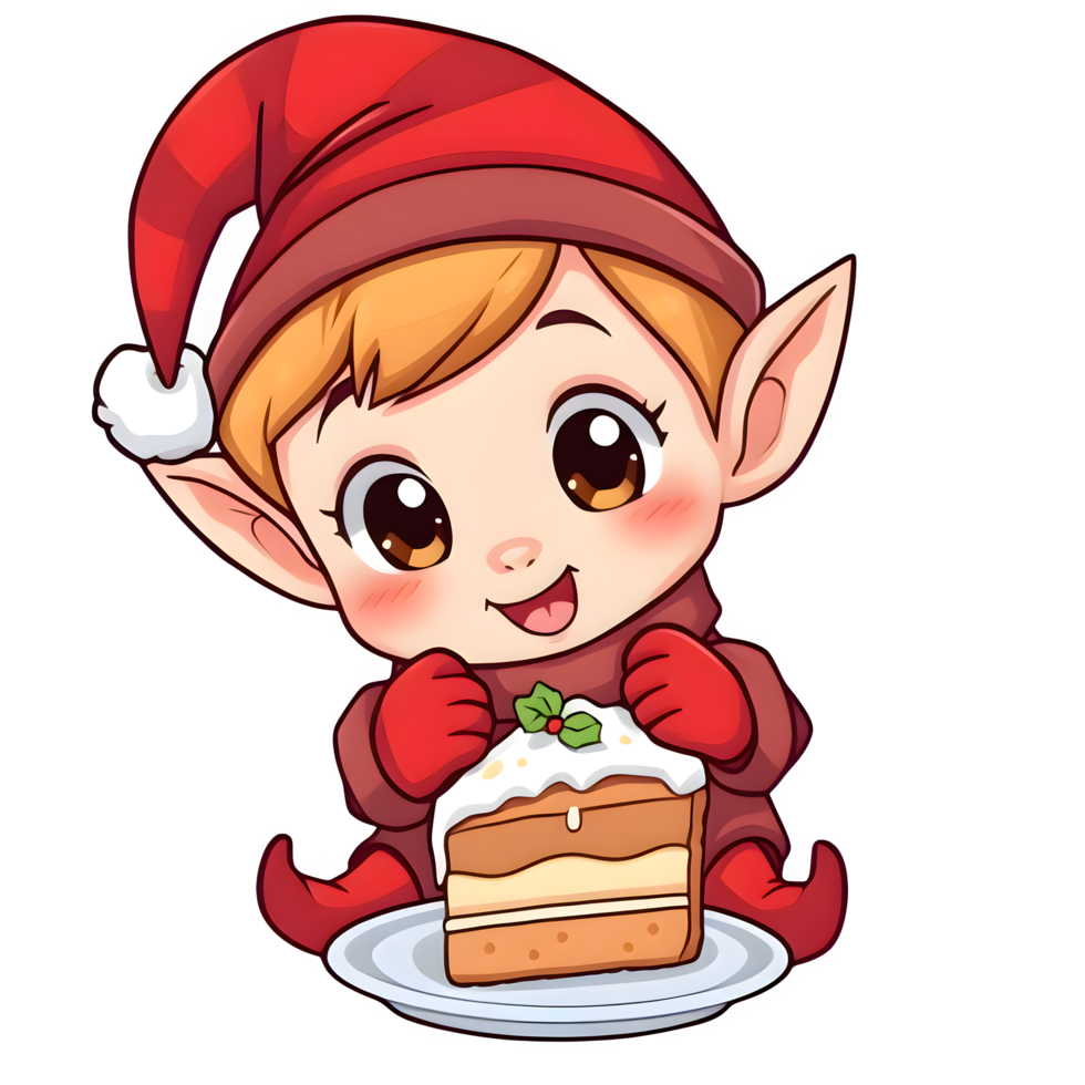 Cartoon Baby Christmas Elf Eating A Slice Of Cake png