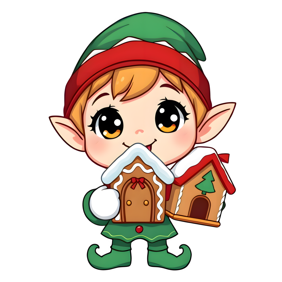 Cartoon Christmas Elf With Two Gingerbread Houses png
