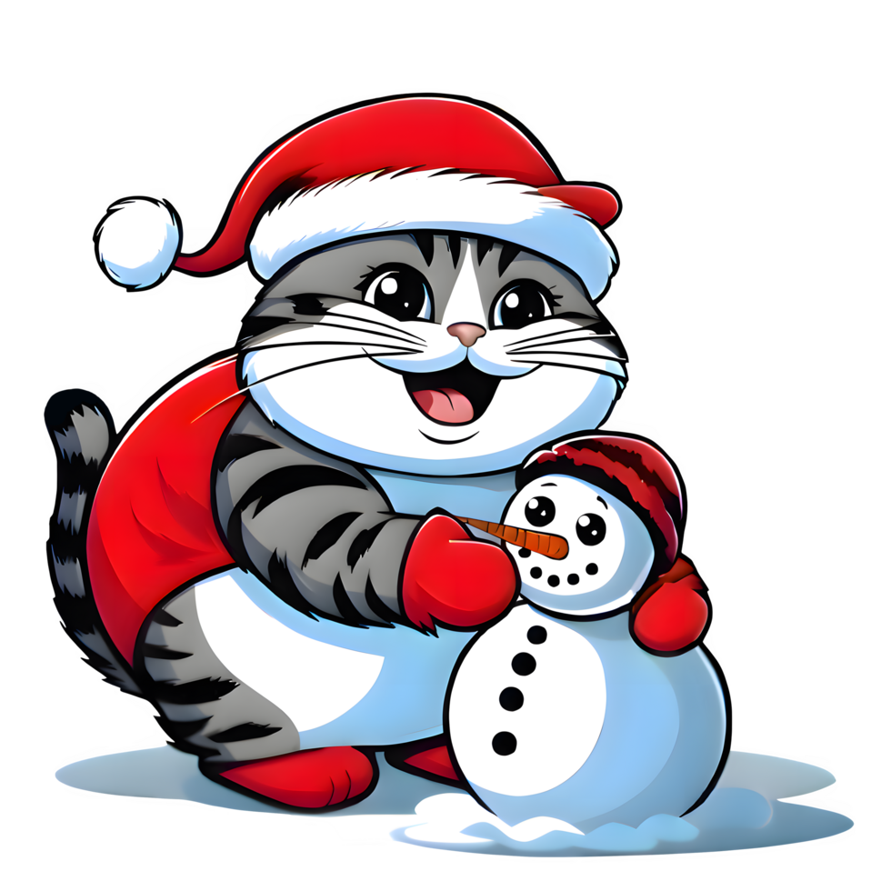 Cartoon Gray Cat In Santa Hat Building A Snowman png