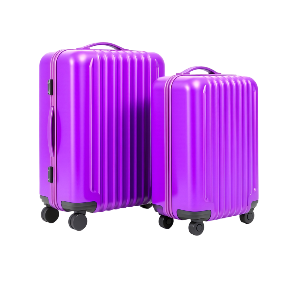 Two purple suitcases on wheels with wheels png