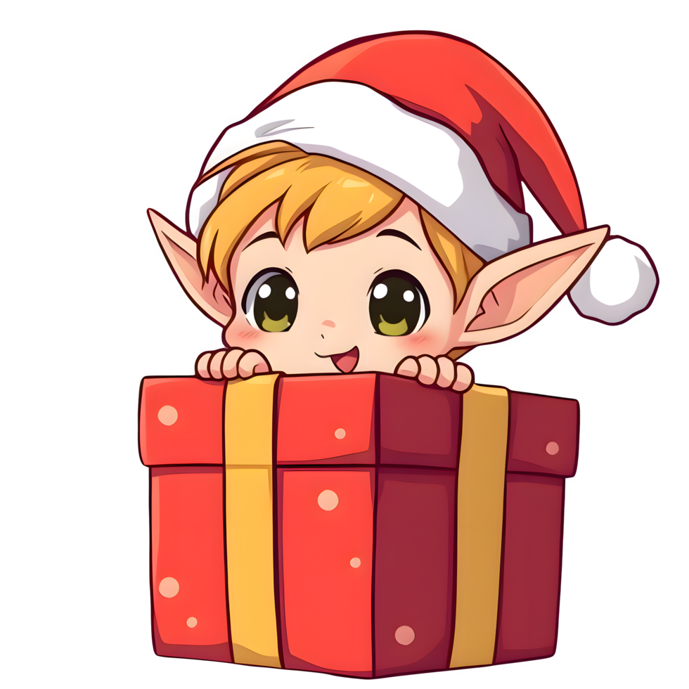 Cartoon Christmas Elf In Red Hat Peeking From Behind A Red Box png