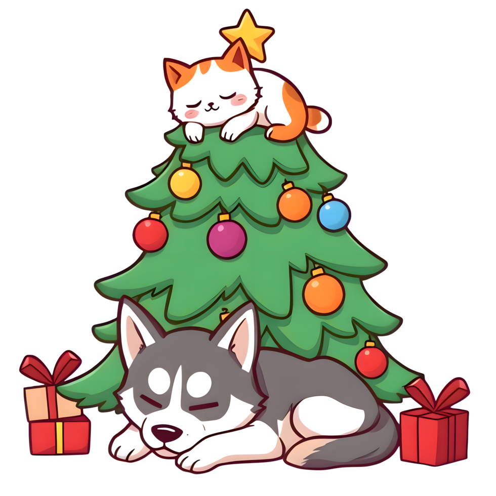 Cartoon Cat Sleeping On A Christmas Tree With A Dog Underneath png