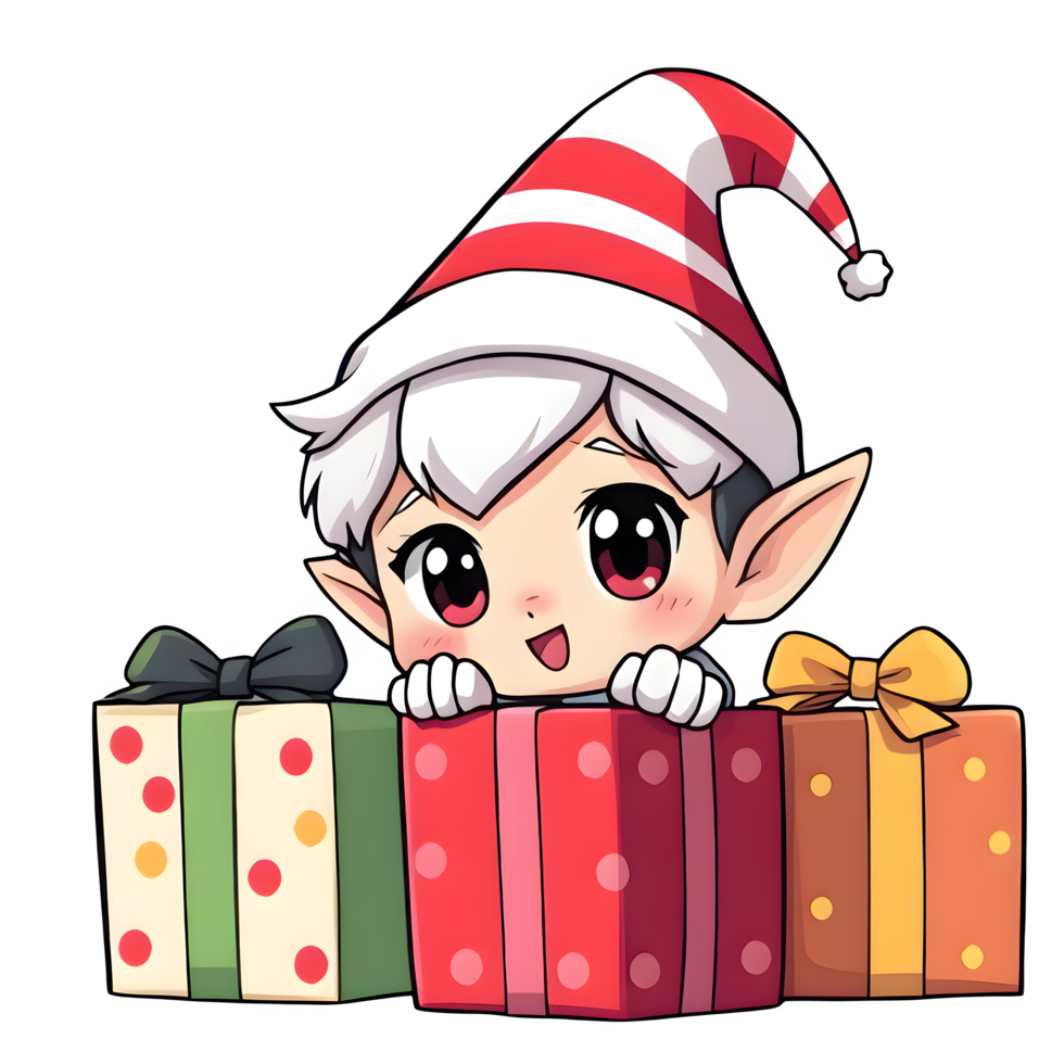 Cartoon Christmas Elf In Stripe Hat Peeking From Behind Three Gift Boxes png