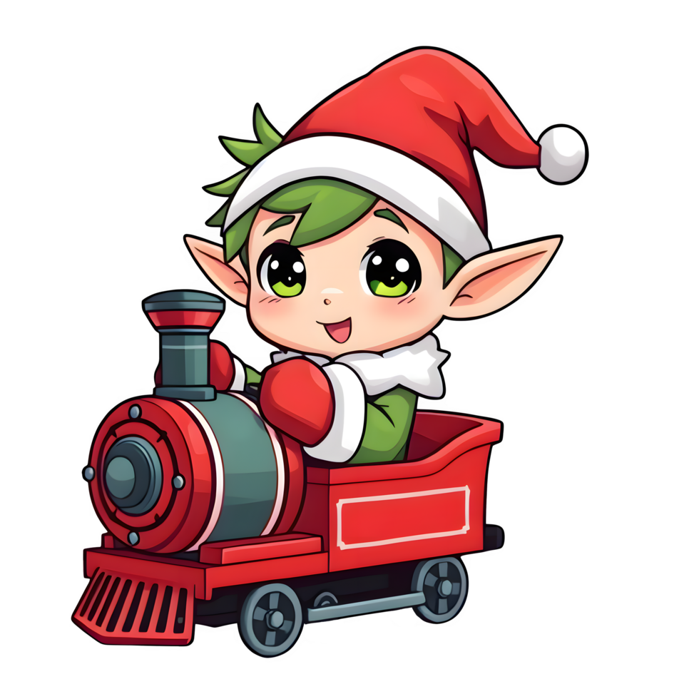 Cartoon Christmas Elf Riding A Toy Train png
