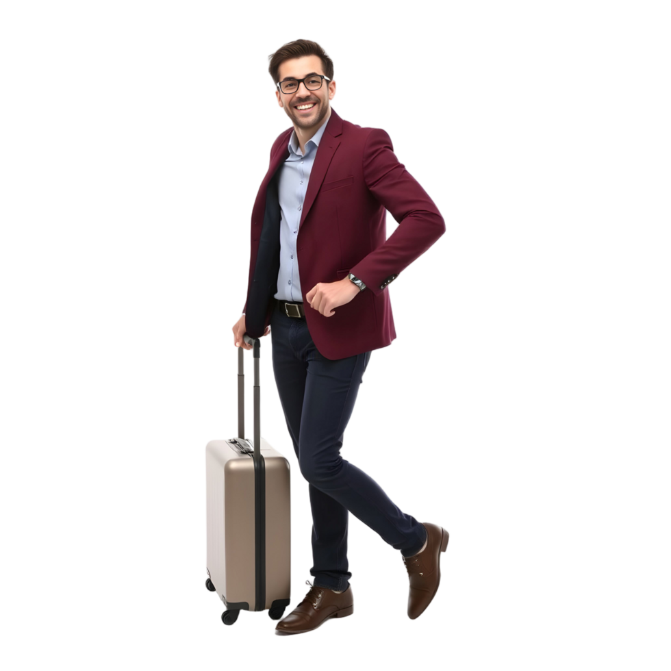 A man in a suit and tie is holding a suitcase png