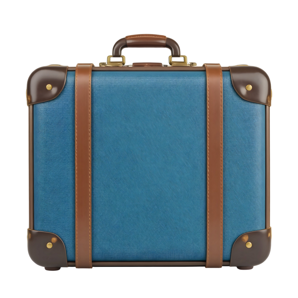 A blue suitcase with brown handles and a leather strap png