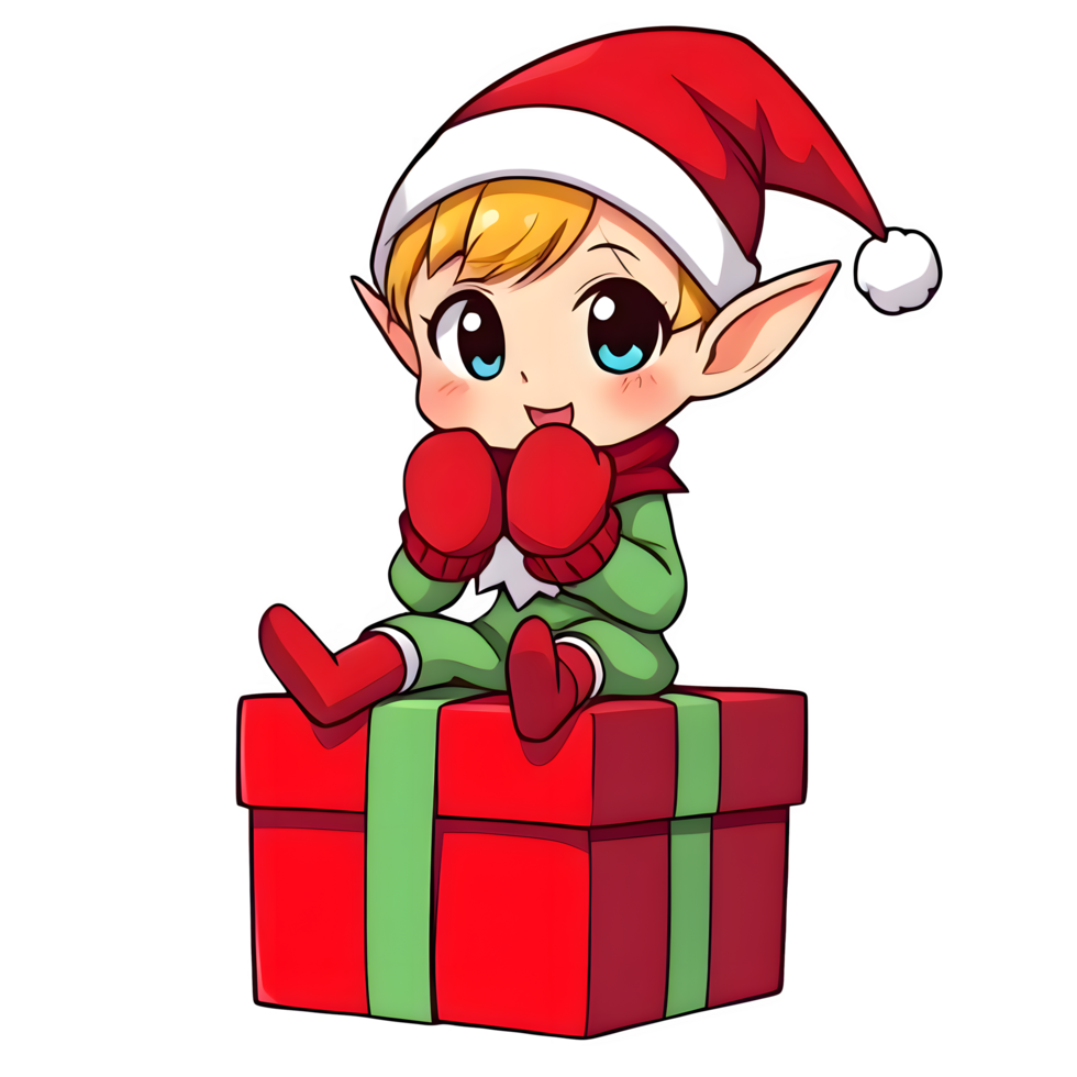 Cartoon Christmas Elf Sitting On A Gift Box png