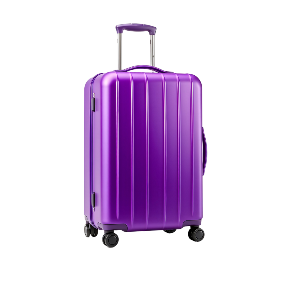 A purple suitcase with wheels on a black background png