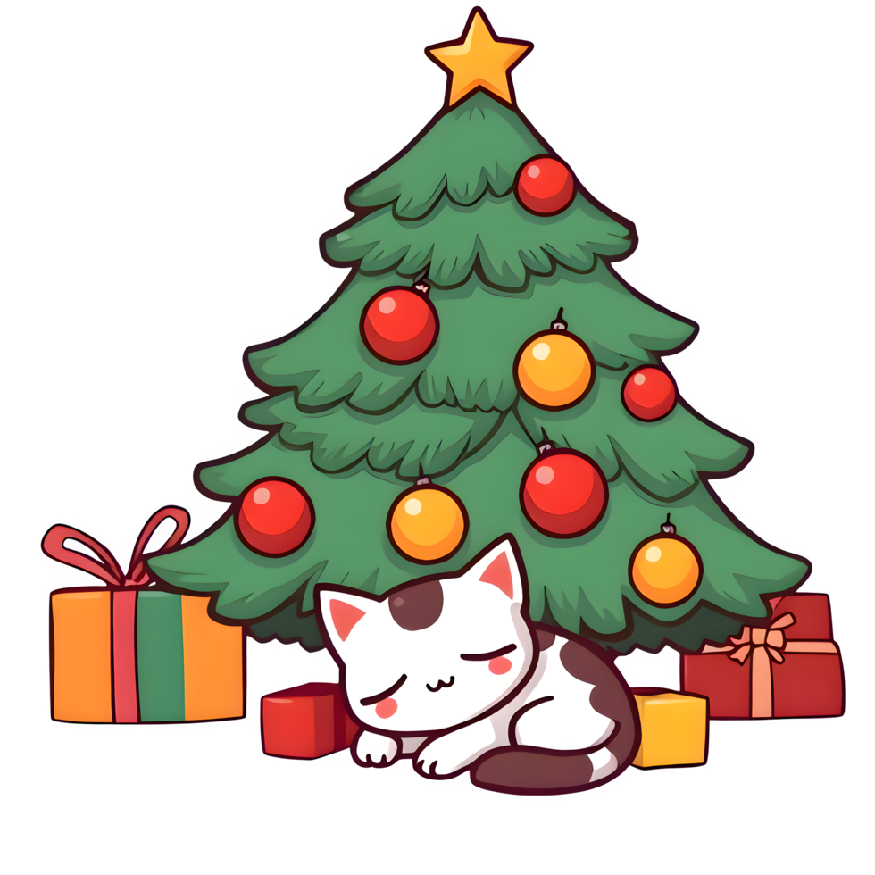 Cartoon Christmas Tree With A Cat Sleeping Underneath png
