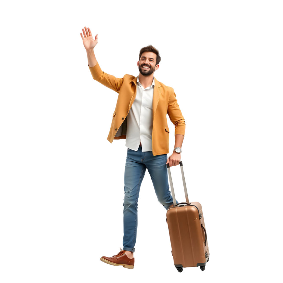 Man with suitcase waving and smiling png