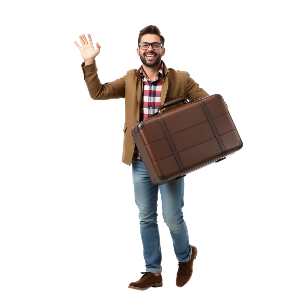 Man with suitcase waving and smiling png