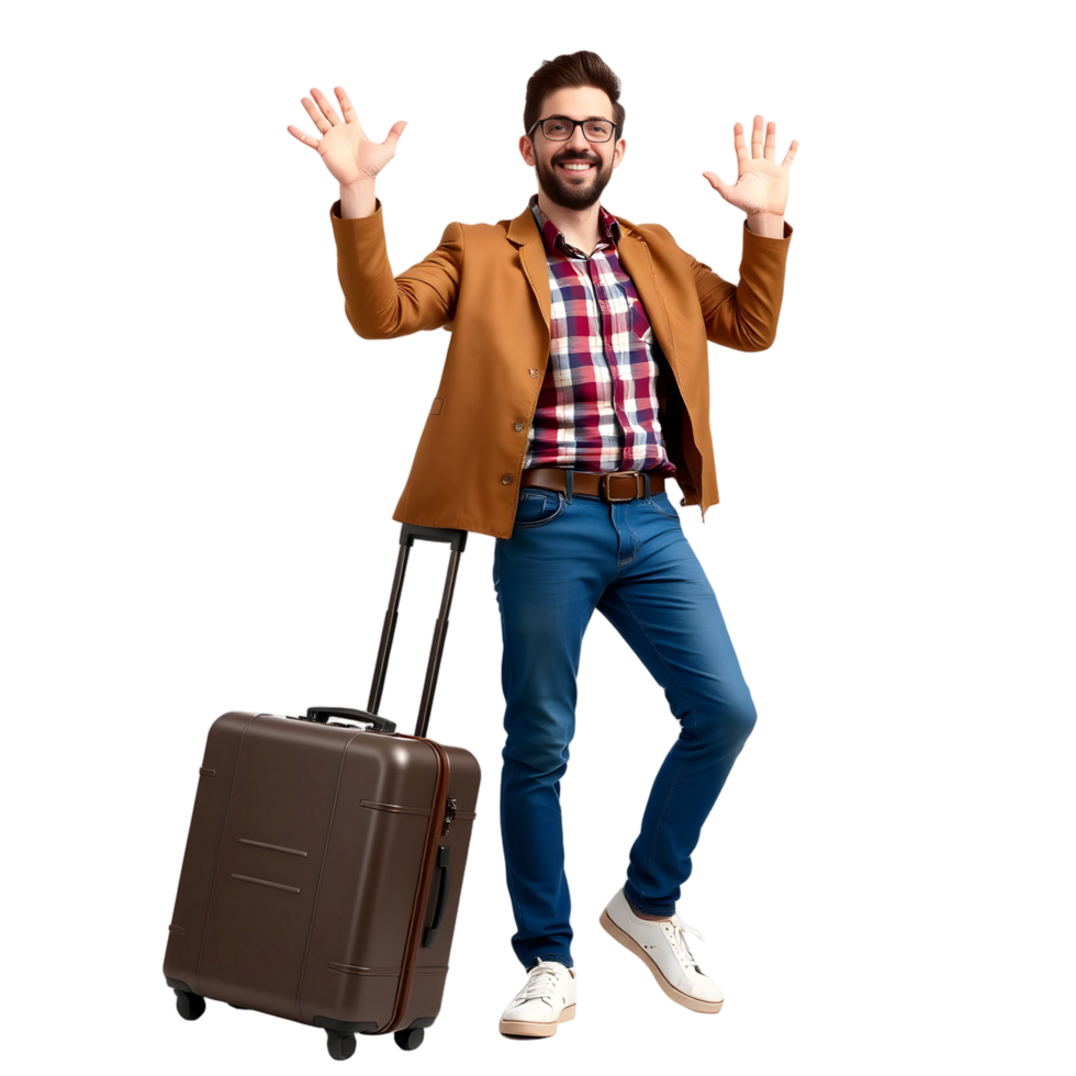 A man with a suitcase and a smile png