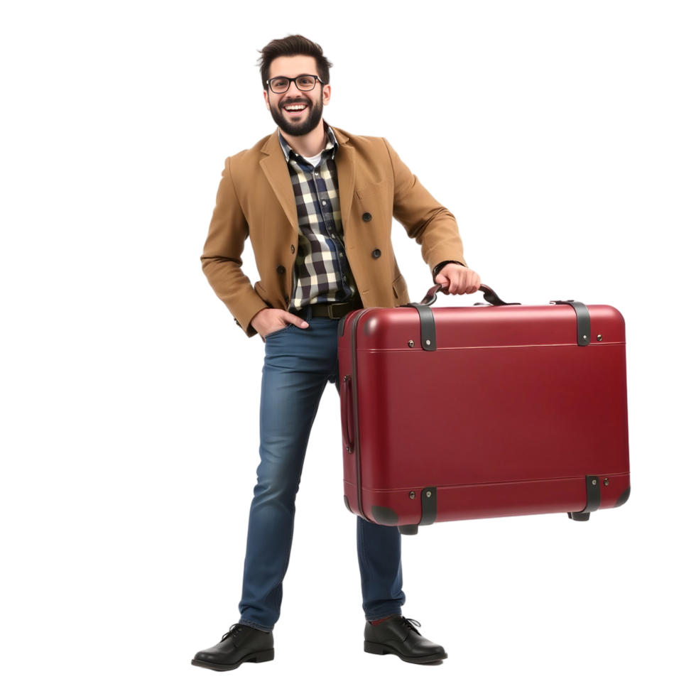 A man with a suitcase standing with his hands on his hips png