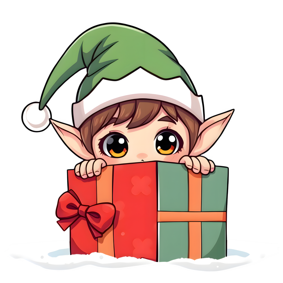 Cartoon Christmas Elf In Green Hat Peeking From Behind A Gift Box png