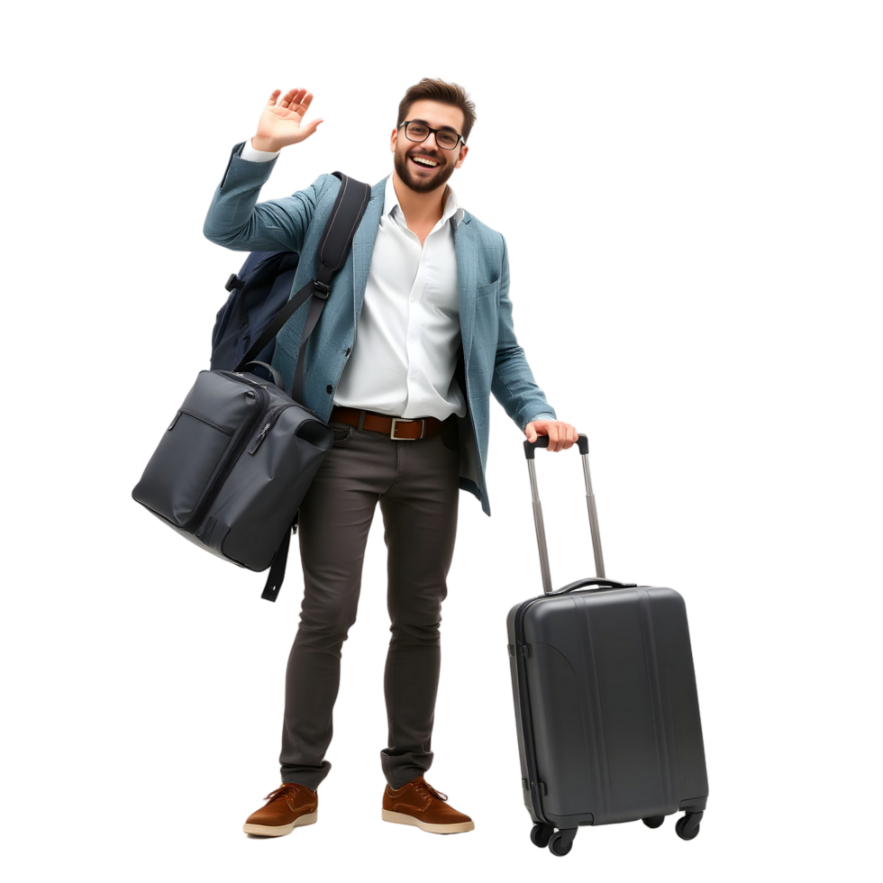 A man with a suitcase and backpack waving png