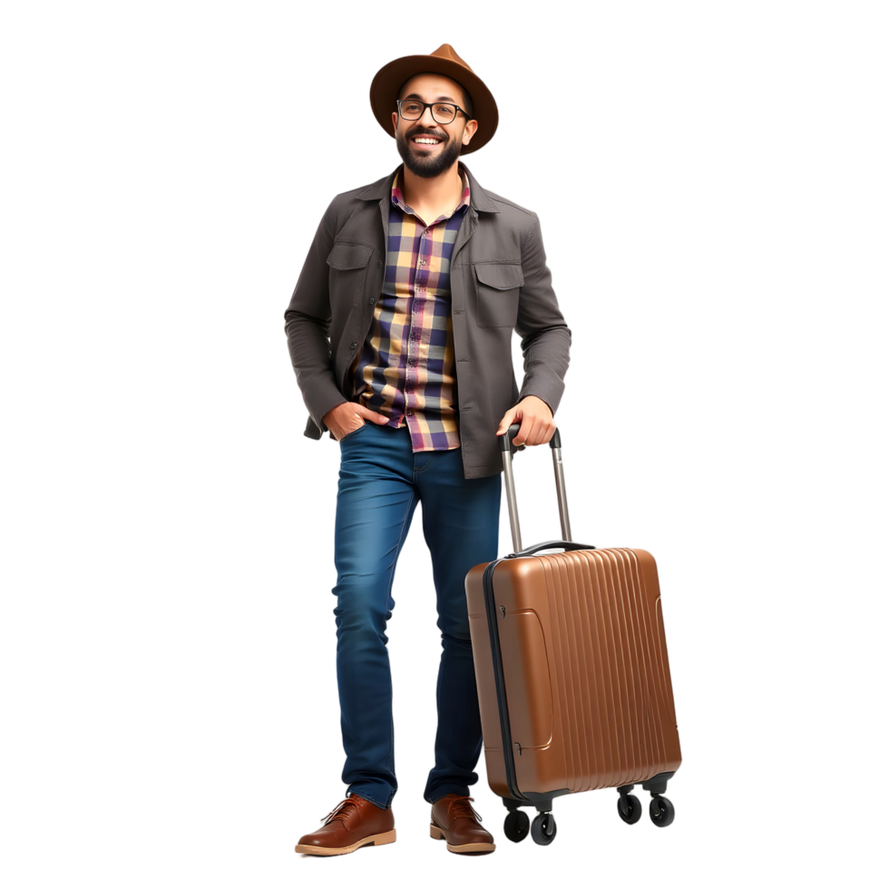 A man with a suitcase standing with a hat png