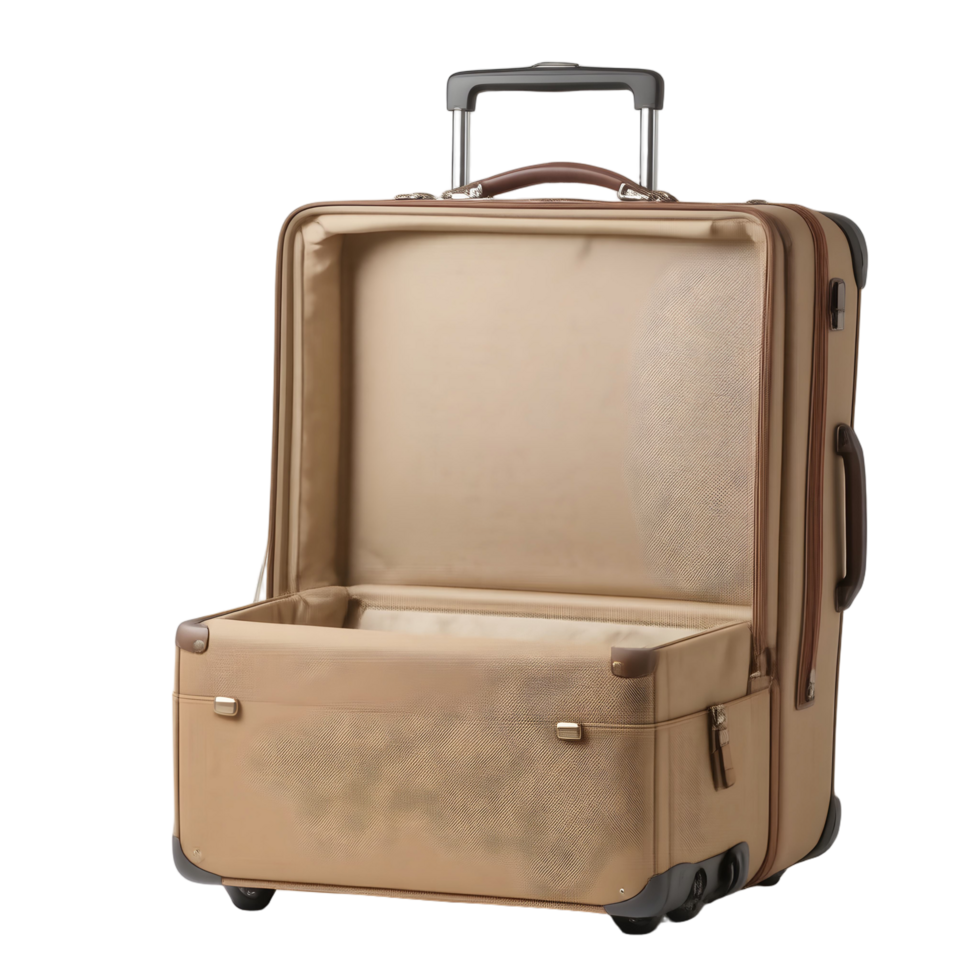 A tan suitcase with wheels on a black background png