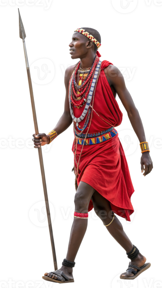 Maasai warrior walks confidently with a spear on transparent background png