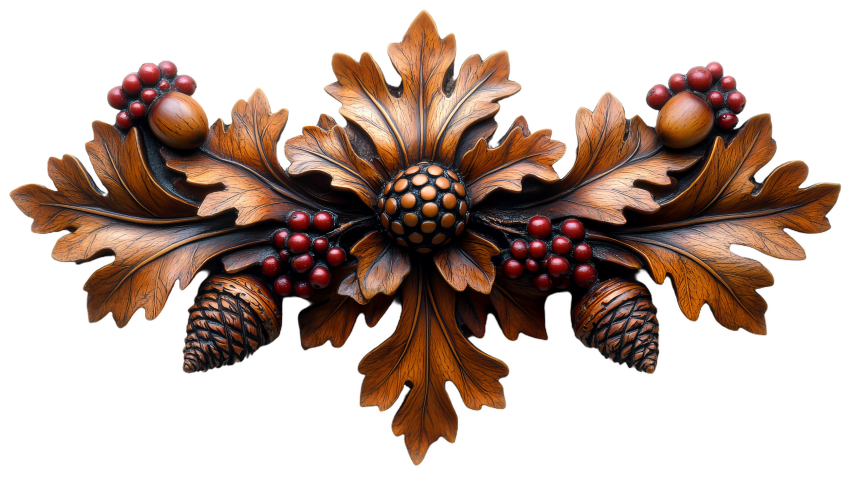 Wooden carving featuring intricate leaves, pine cones, and berries, showcasing craftsmanship and autumnal themes. beautiful decorative piece for home decor png