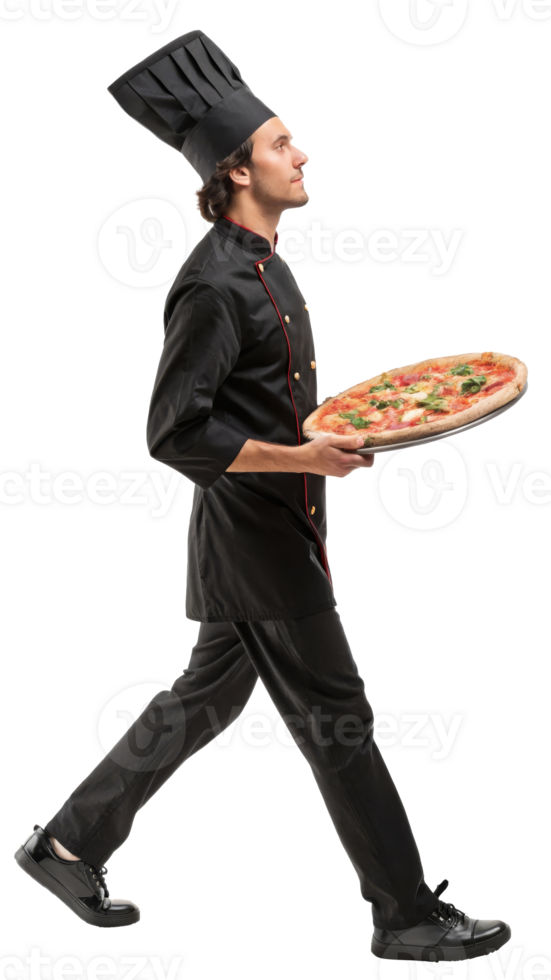 Chef walks with fresh pizza in kitchen on transparent background png