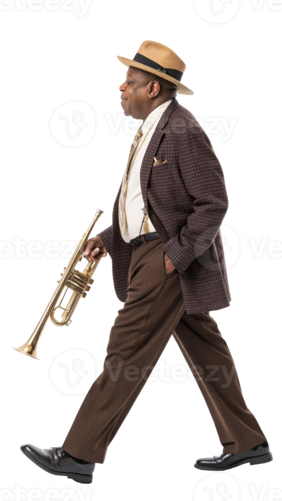Musician walking with trumpet in stylish attire on transparent background png