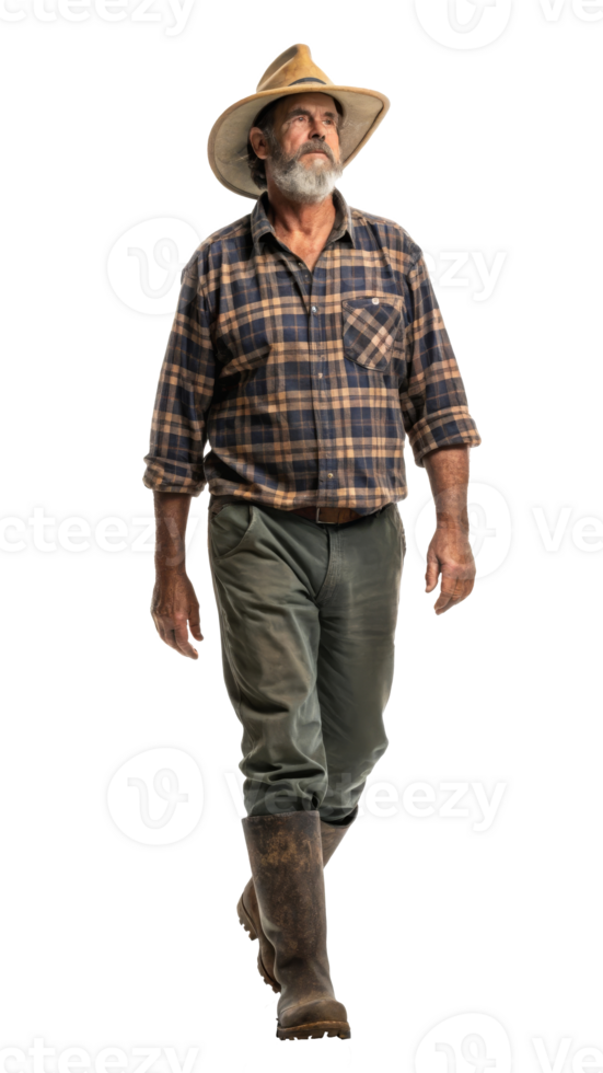 Rural farmer walking confidently in work attire on transparent background png