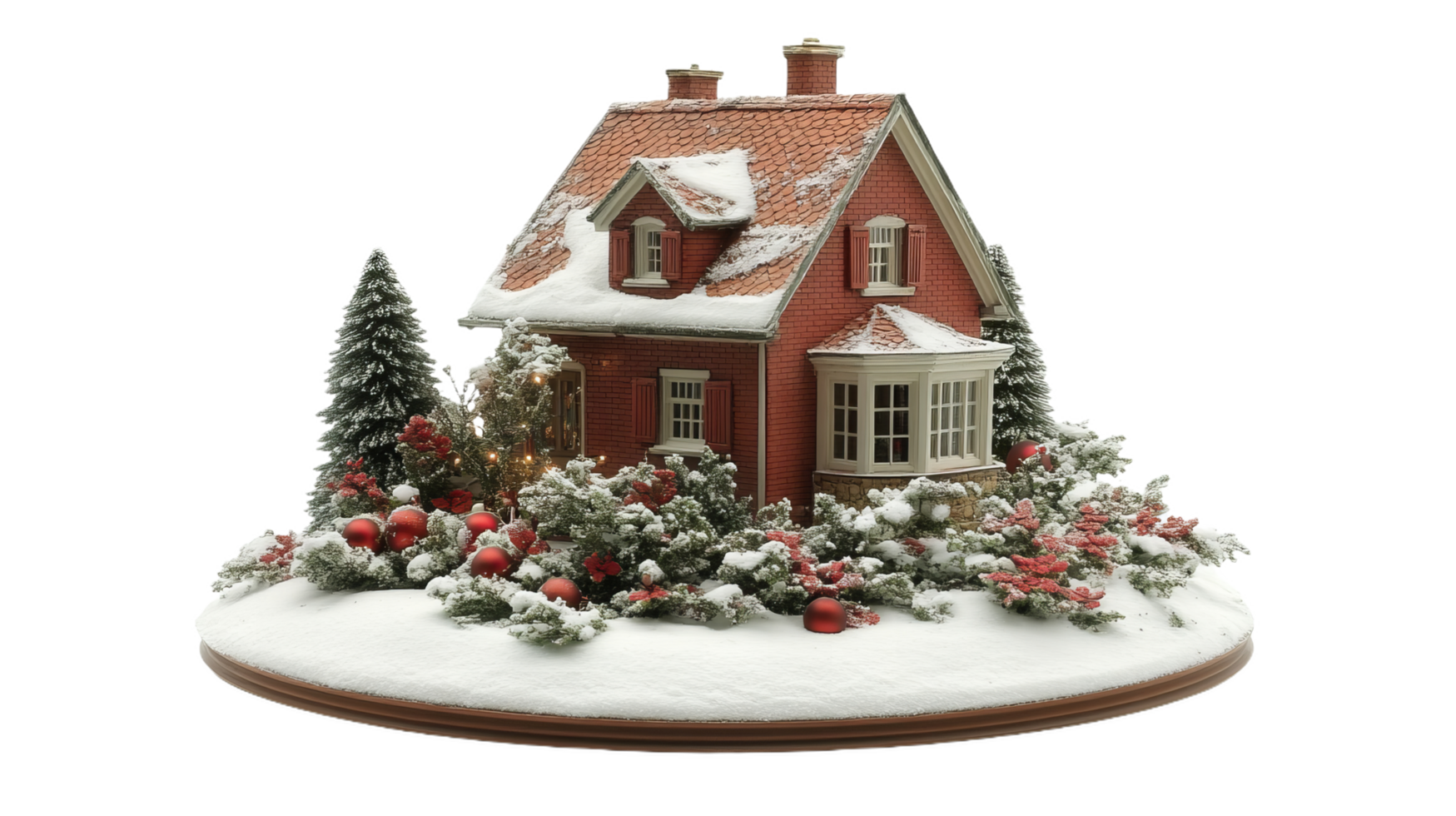 charming red house surrounded by snow covered trees and festive decorations, creating cozy winter scene. vibrant colors and details evoke warm holiday spirit png