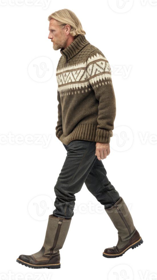 Man walking in winter apparel in outdoor setting on transparent background png