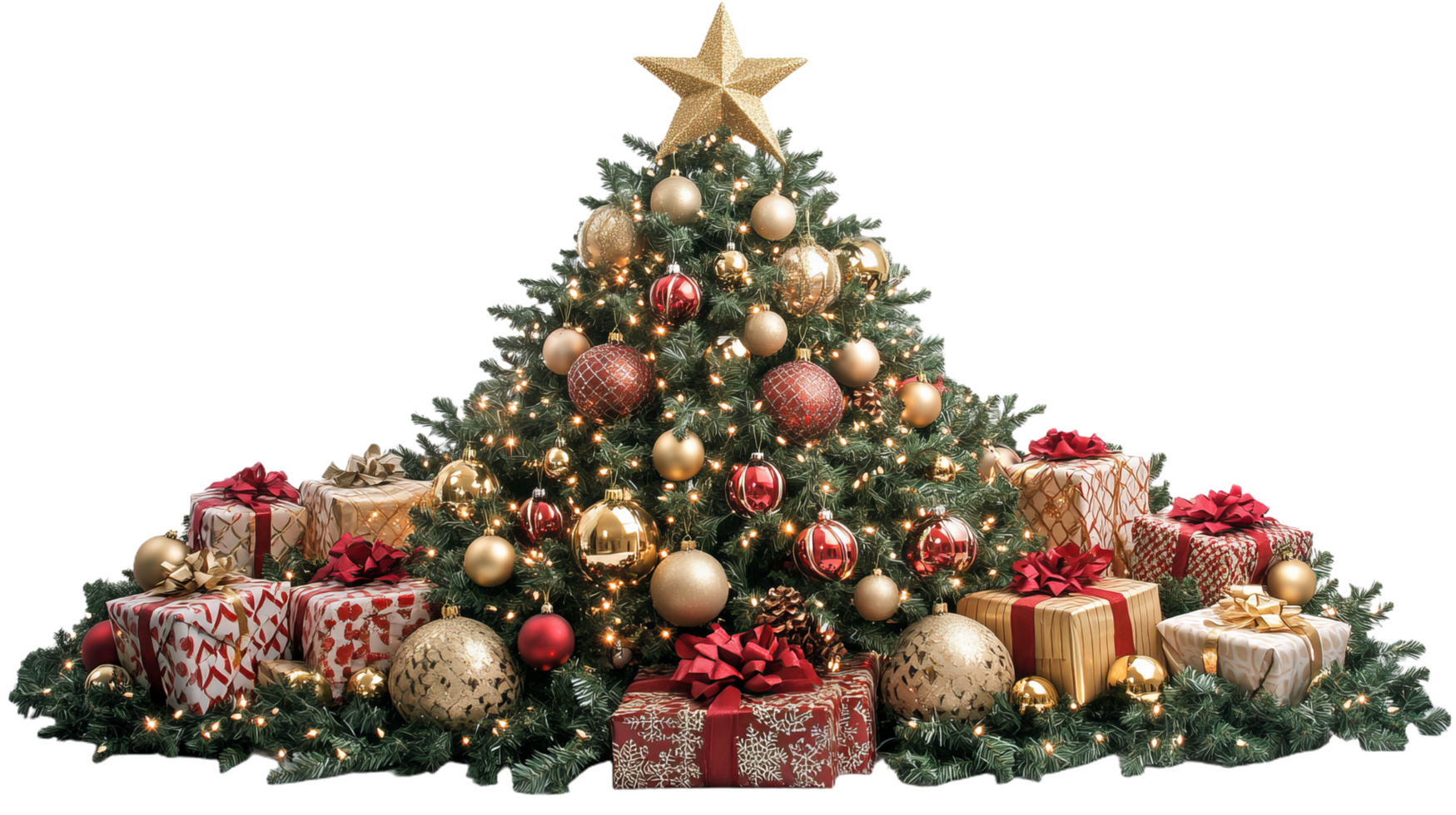 charming Christmas tree showcasing lush green branches adorned with golden ornaments and surrounded by beautifully wrapped gifts in red and gold png