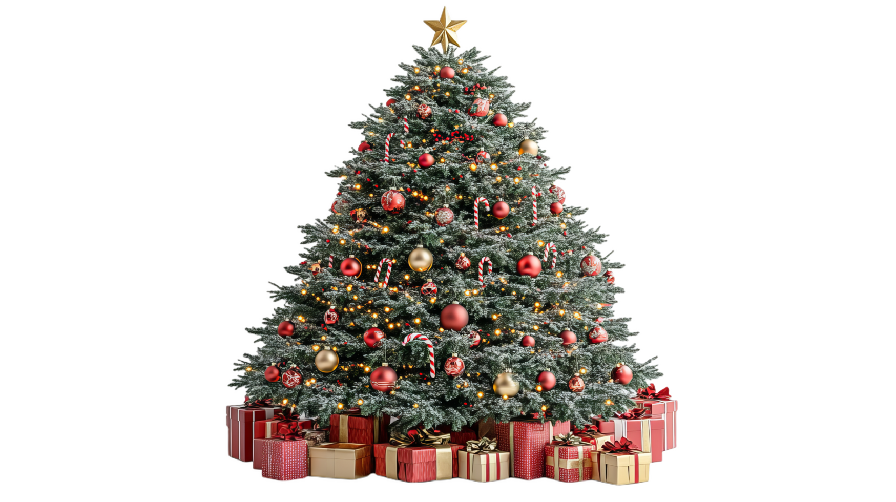 vibrant Christmas tree adorned with red and gold ornaments, surrounded by beautifully wrapped gifts, creating festive and joyful atmosphere png