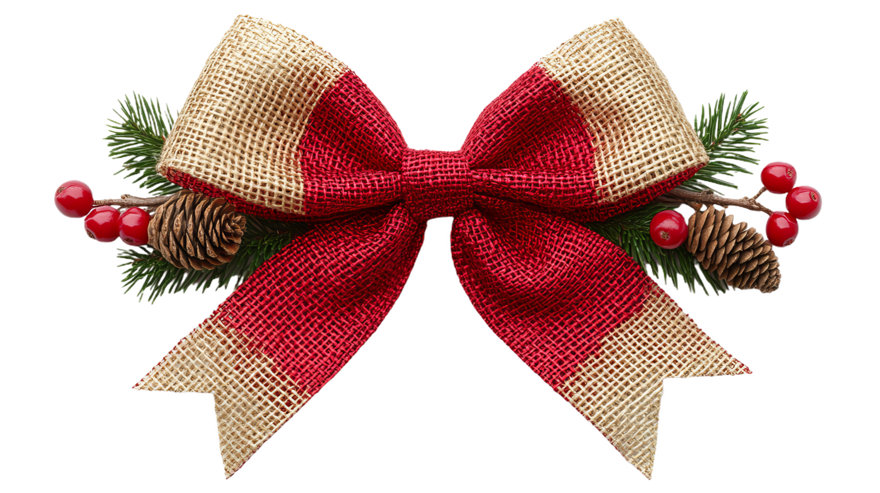 festive red and gold burlap bow adorned with pinecones and berries, perfect for holiday decorations. This beautiful layered design adds cheerful touch to any setting png