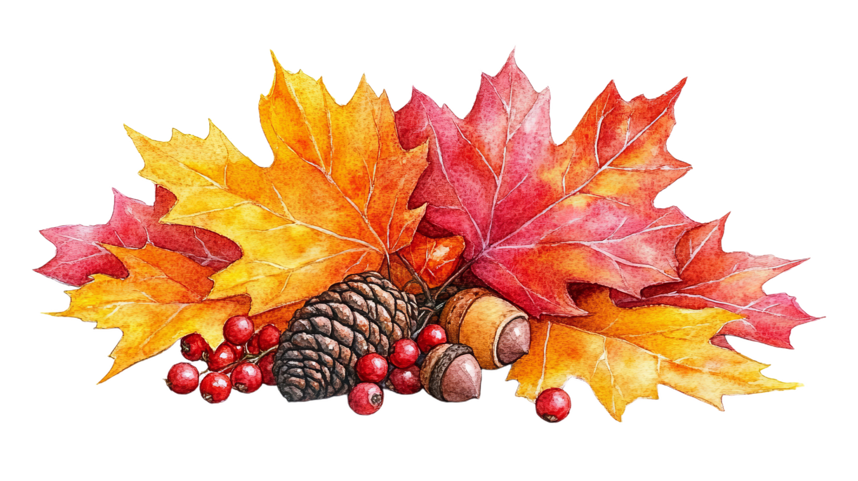 vibrant watercolor illustration featuring colorful autumn leaves, pine cones, and acorns, capturing essence of fall with warm hues and natural elements png