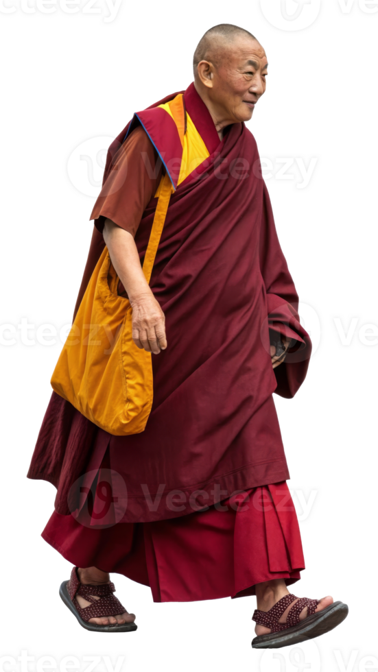 Cheerful elderly monk walking outside on transparent background png