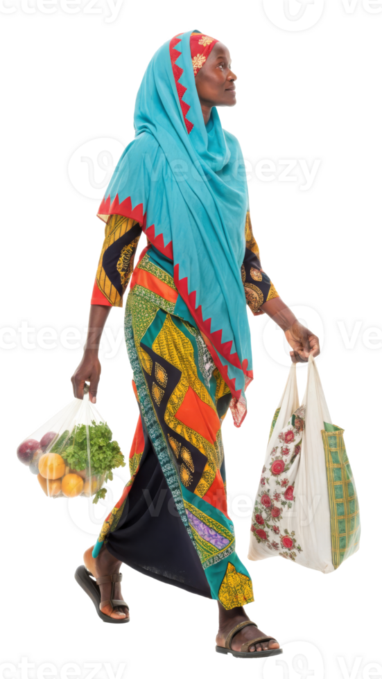 Woman carrying grocery bags in colorful attire on transparent background png
