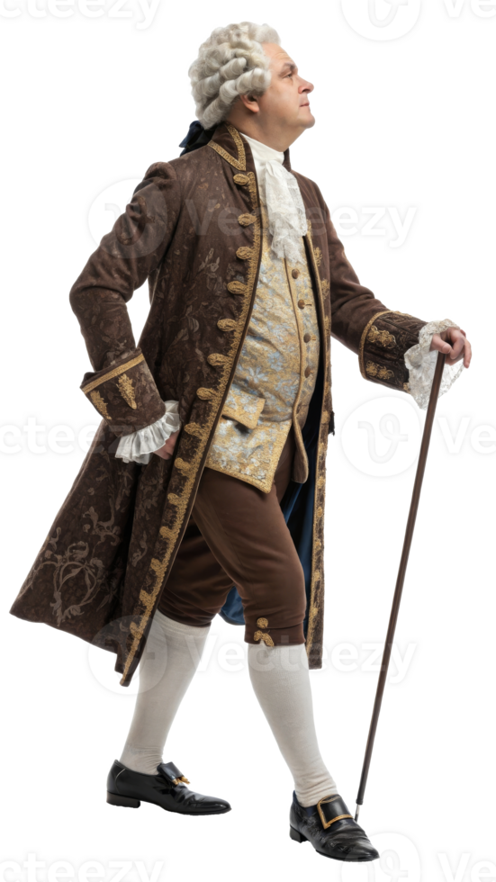 Man in historical costume walking confidently on transparent background png