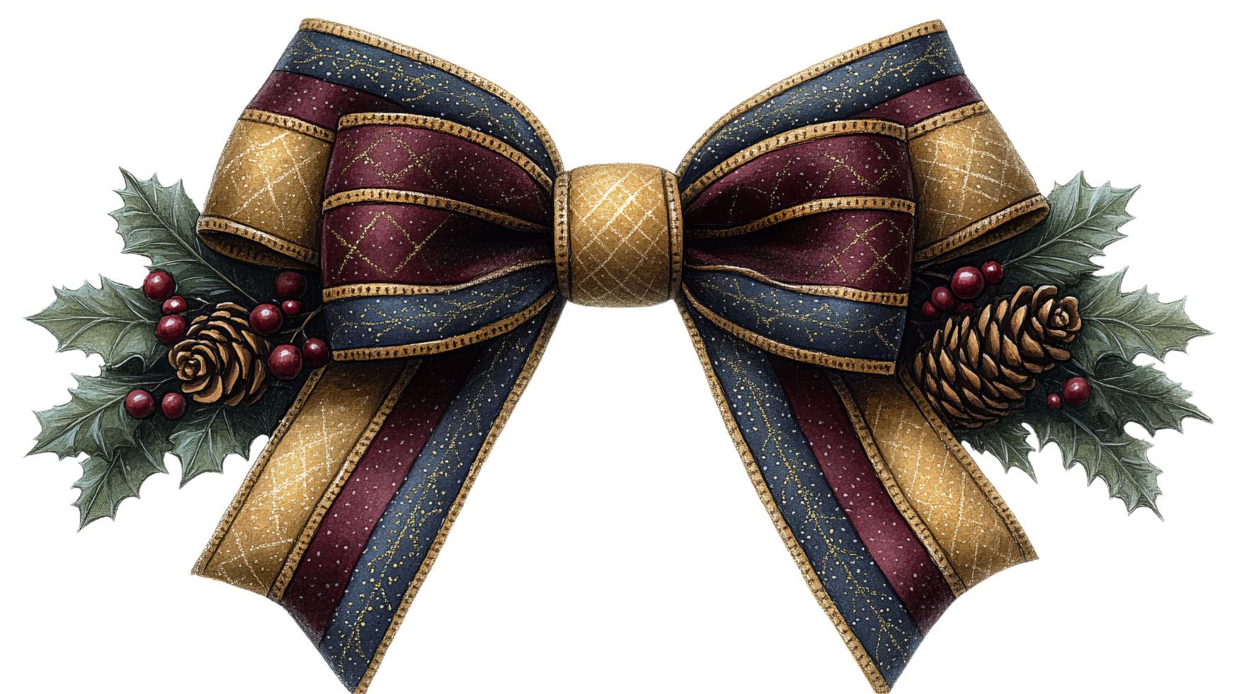 decorative bow with rich colors and pinecones, perfect for festive occasions. This watercolor clipart features intricate details and classic design, ideal for holiday decorations png
