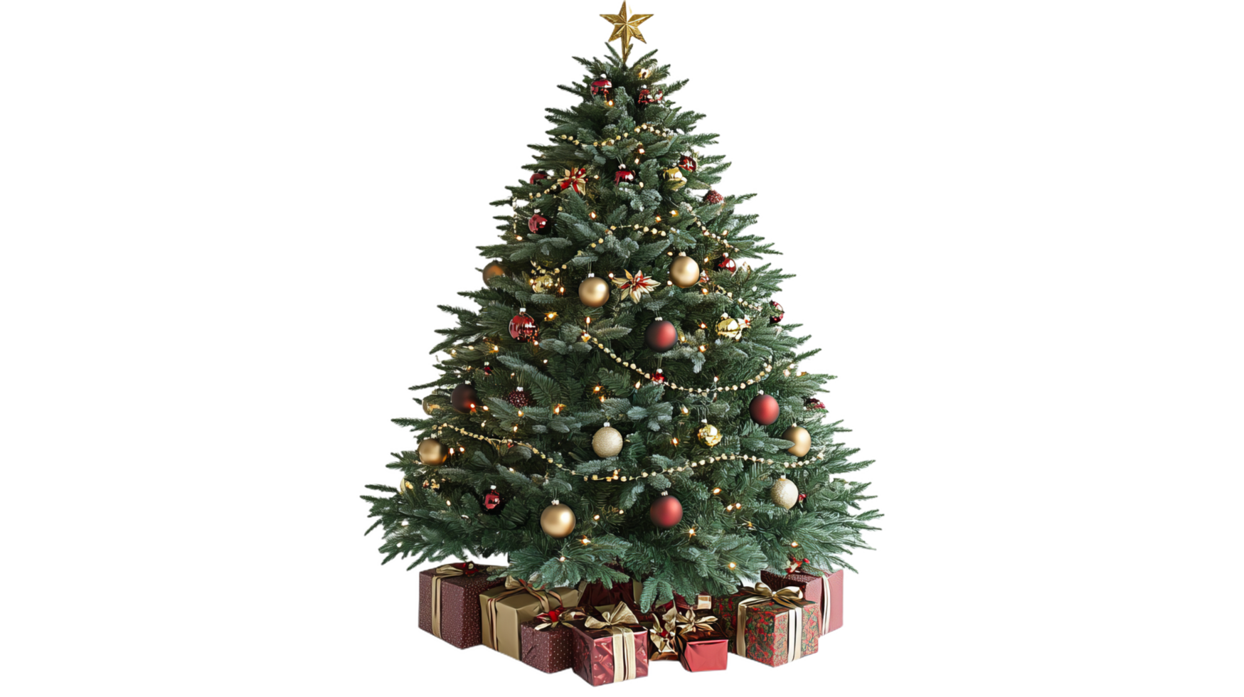 beautifully decorated Christmas tree with lush green branches, adorned with golden and red ornaments, twinkling lights, and surrounded by colorful wrapped gifts, creating festive atmosphere png