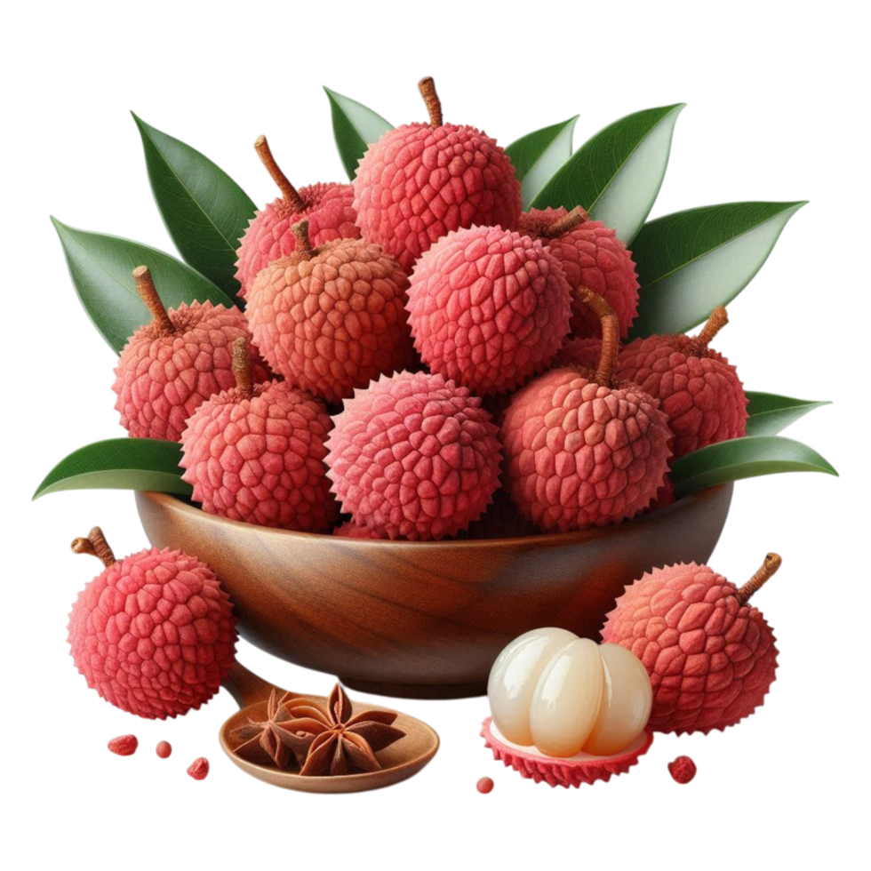 lychee fruit in a bowl with leaves and spices on a transparent background png