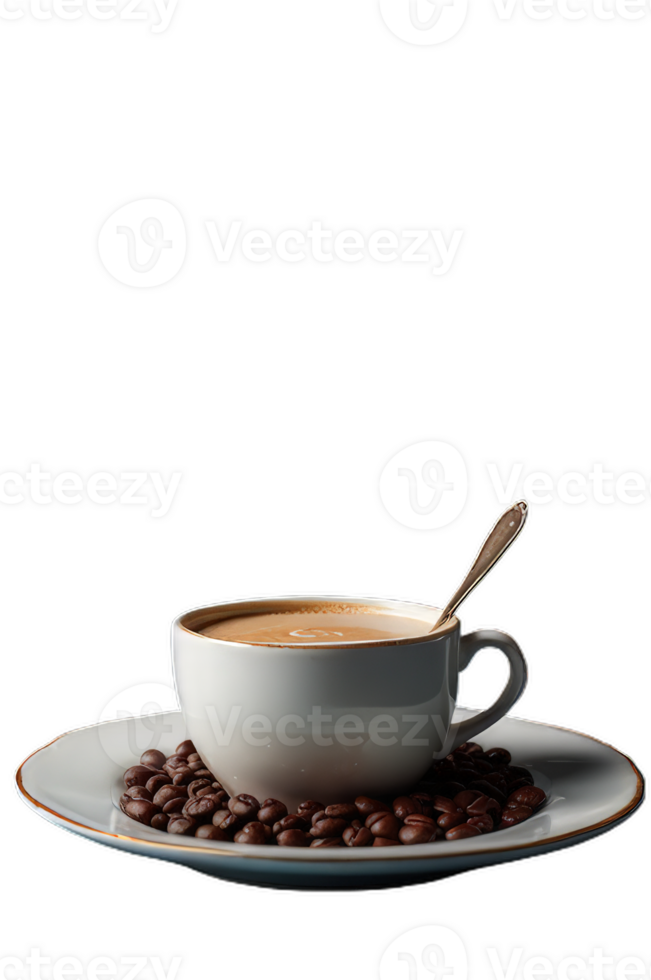Elegant coffee cup served with an ornate spoon and surrounded by coffee beans, creates a refined presentation, perfect for coffee connoisseurs png