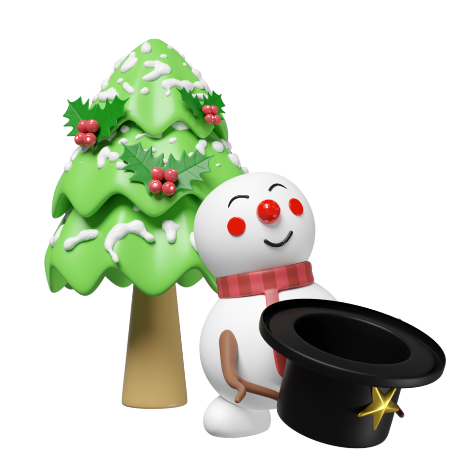 3d Snowman holding top hat with christmas tree isolated. happiness cards, merry christmas, festive New Year, 3d render illustration png