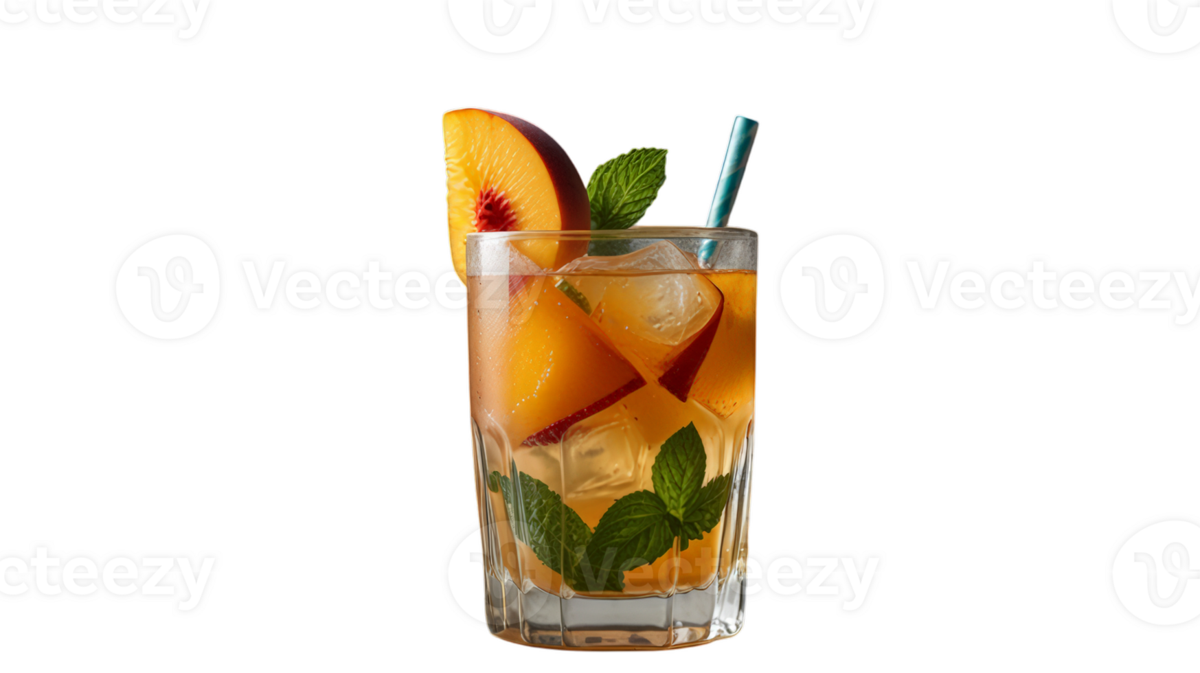 A refreshing peach iced tea garnished with mint leaves and peach slices, served over ice, perfect for a hot summer day png
