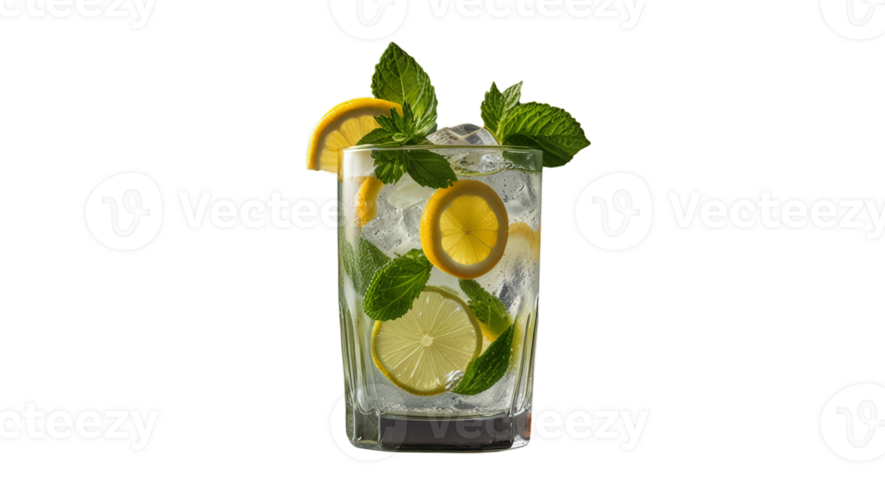 A refreshing glass of lemonade garnished with lemon slices and fresh mint, sitting on ice, perfect for a hot day or a summer gathering png