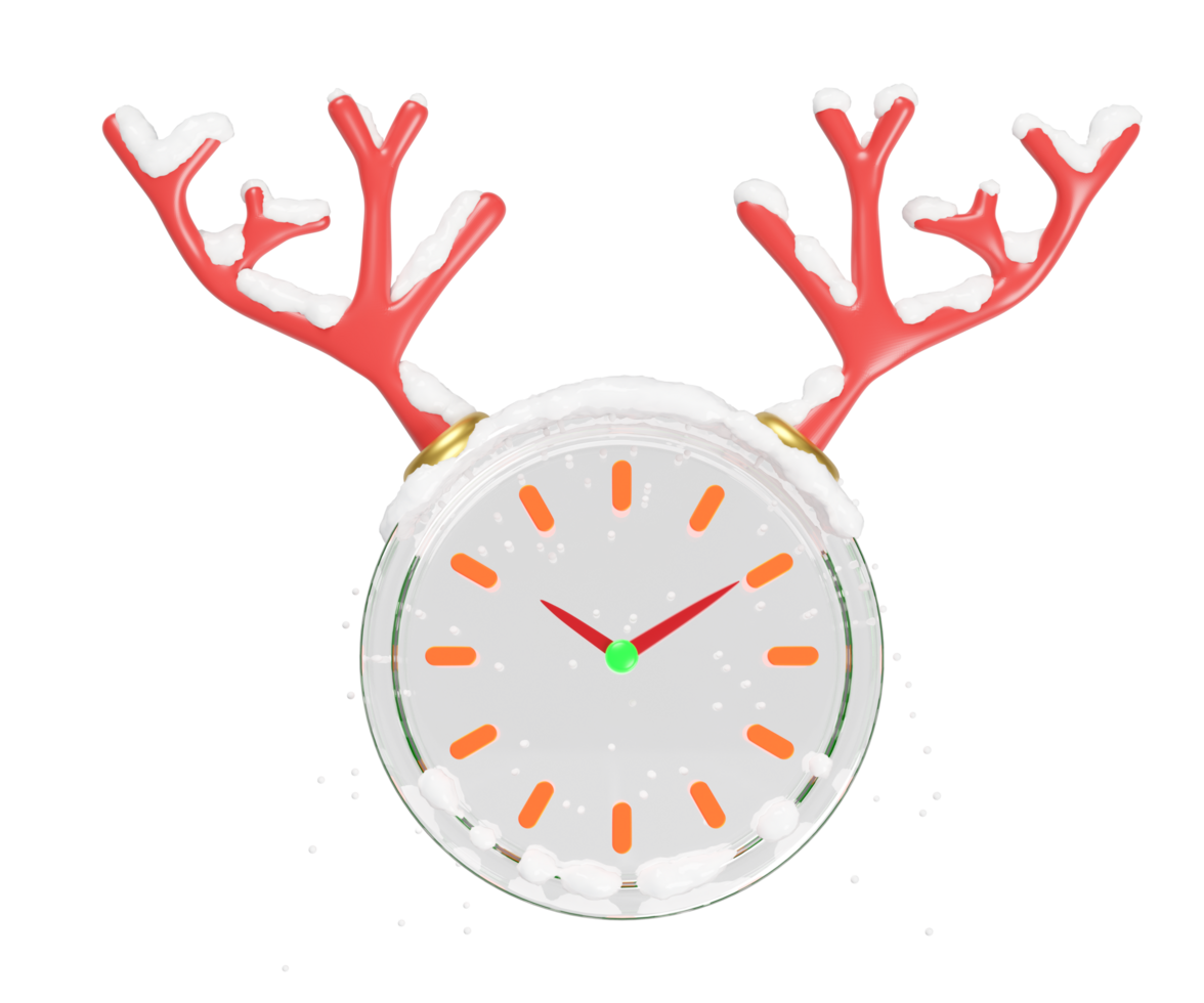 3d clock glass with antlers, falling snow isolated. merry christmas, festive new year concept, 3d render illustration png